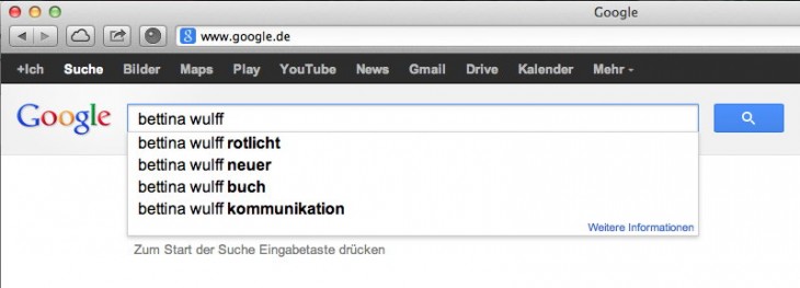 Google glaubt Bettina Wulff habe etwas mit Rotlicht zu tun