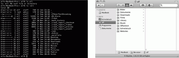 Der selbe Ordner einmal als Liste in der Kommandozeile und einmal als Anzeige in einem Finder-Fenster.