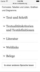 Der Wikipedia-Beitrag zu „Text“ listet die Textstruktur nach der Begriffsdefinition auf.