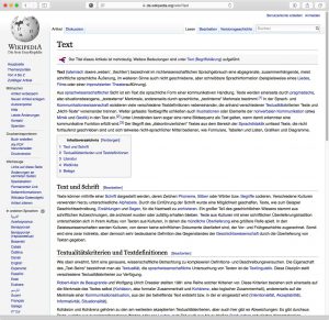 Ansicht des Wikipedia-Eintrags zu „Text“ in der normalen Browseransicht.