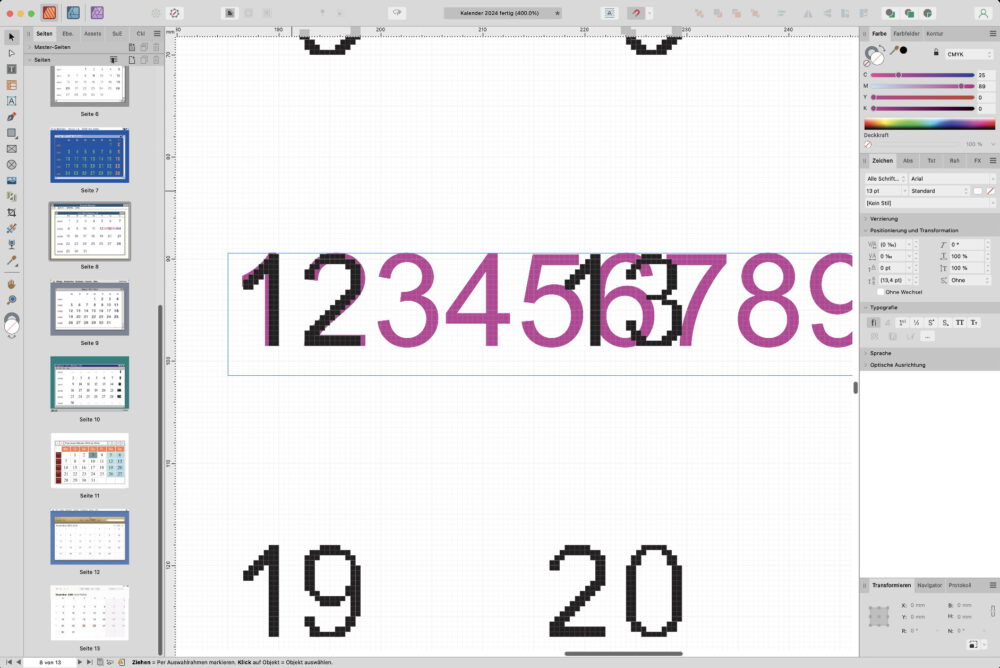 Arbeitsansicht für den Kalender 2024 in Affinity Publisher